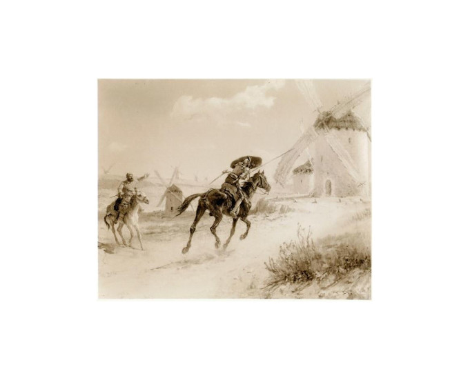 Don Quijote lucha con los molinos de viento